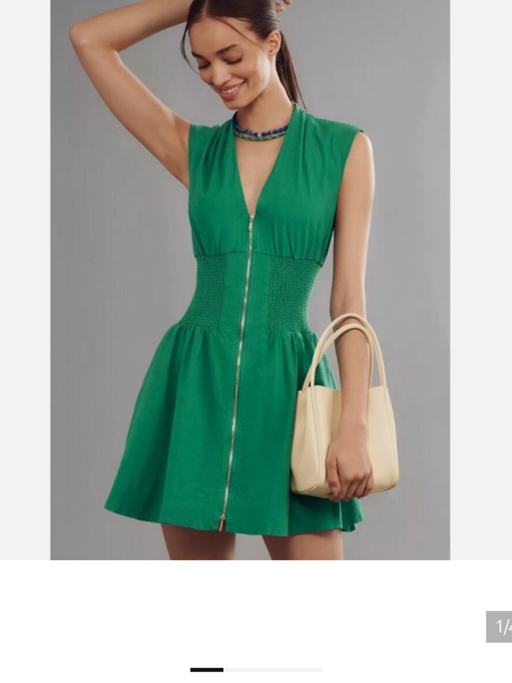 Anthropologie Green Zip-Front Mini Dress